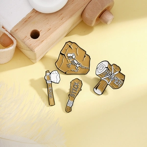 Archaeology enamel pin set with dinosaur fossil bone and stone tools axe hammer stick