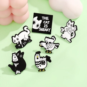 Cartoon Cat Animal Enamel Pin Badge Minimalist Black White Zinc Alloy Brooch For Clothes Bag Funny Cat Fish Jewelry Gift