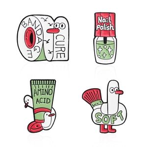 Creative 4-piece enamel pin set with bandage, nail polish, cleanser, and goose shapes