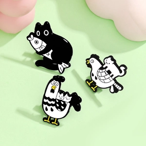 Detailed set of three cartoon enamel pins featuring sneaky black cats and roosters