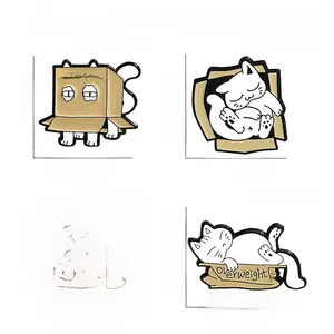 Set of four cute cartoon cat enamel pins featuring peekaboo and overweight designs
