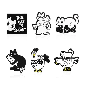 6-piece set of cute cat and fish cartoon enamel pins with 'The Cat Is Sneaky' badge