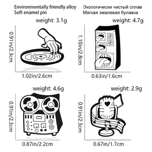 Detailed size and weight chart for music themed enamel pins including record player and mic