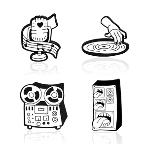 Set of four music themed enamel pins featuring microphone and speakers in black and white