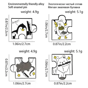 Size chart and material specs for playful animal enamel pins with penguin and puppy designs