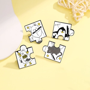 Funny cartoon animal puzzle enamel pins set featuring a penguin dog bird and mouse