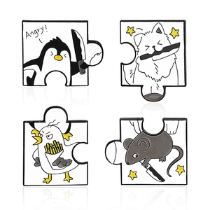 Funny animal puzzle enamel pins set featuring penguin and dog in black and white style