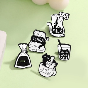 Funny Black White Cartoon Cat Enamel Brooch Pins Milk Coffee Ice Cat Stacking Design Alloy Badge For Clothing Bags