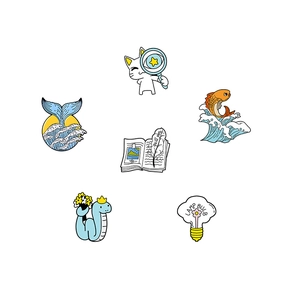 Set of 6 cartoon enamel pins featuring cat, koi fish, whale tail, and snake on white background