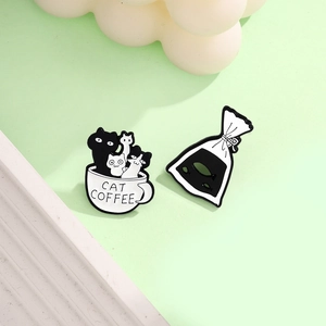 Creative enamel pins set featuring cat coffee cup and fish water bag designs