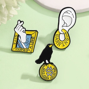 Creative Enamel Pin Set Cartoon Crow Gold Coin Collector Hand Heart Gesture Earring Lapel Badge For Clothes Bag Jewelry Gift