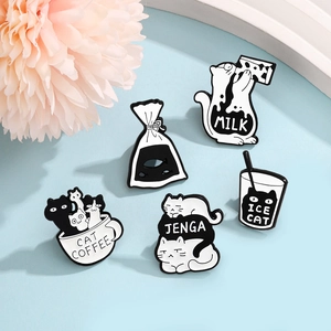 5-piece funny black and white cat enamel pin set with creative milk and coffee themes