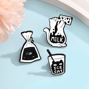Creative cartoon enamel pins set with funny cat milk, ice cat cup and goldfish bag designs