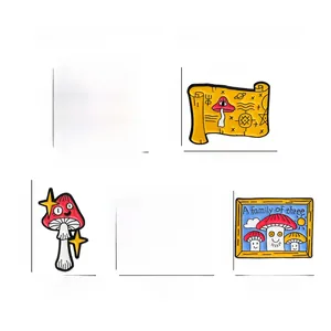 Detailed view of five unique cartoon mushroom enamel pins made of durable alloy