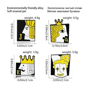 Detailed specs of alloy enamel poker pins JQK and Joker with weight and size info