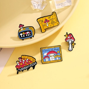 Five unique mushroom enamel pins featuring pizza, TV, and frame shapes in bright colors