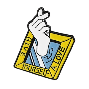 Creative enamel heart gesture brooch in yellow frame with GIVE YOURSELF A LOVE text