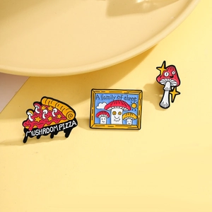 Detailed view of mushroom party enamel pins set including pizza and photo frame badges