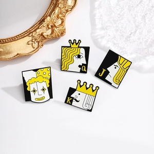 Set of four creative poker enamel brooches featuring King, Queen, Jack and Joker characters