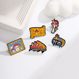 Detailed view of creative mushroom enamel pins set including pizza and TV designs