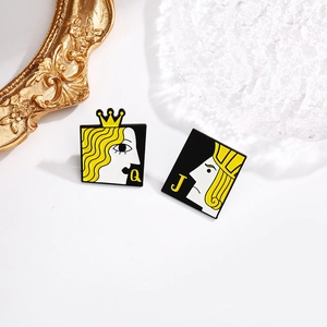 Creative enamel poker pins with Queen and Jack characters in minimalist black and gold style