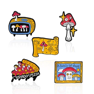 Whimsical mushroom enamel pin set featuring pizza, TV, and family frame designs