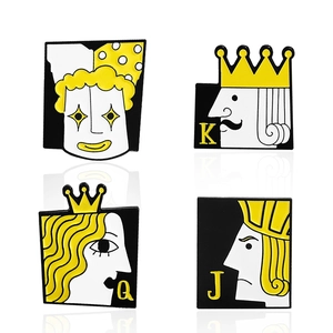 Set of four creative enamel playing card pins featuring King, Queen, Jack and Joker designs