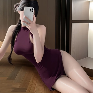 Sexy backless bodycon sleepwear in deep purple featuring a halter neck and high side slit