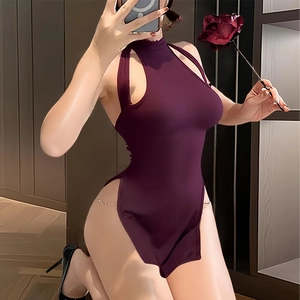 Deep purple halter neck sexy bodycon dress with side cutouts and metal chain detail