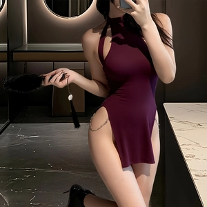 Deep purple backless sexy nightgown with halter neck and side split chain detail