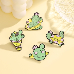 Set of 4 creative cactus enamel pins in turtle, lantern fish, and floral shapes