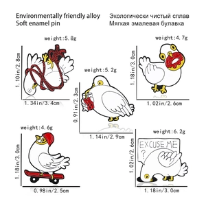 Creative white goose enamel pins set with fun designs like skateboard and donuts