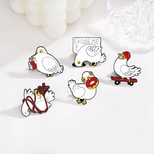 Creative white goose enamel pin set featuring fun skating and donut animal brooch designs