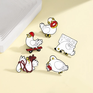 Creative white goose enamel pin set with funny skating and donut motifs in 5 pieces