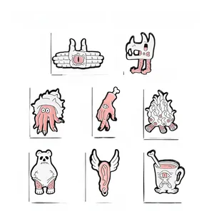Detail view of surreal alloy enamel pins with precise dimensions and weight specifications