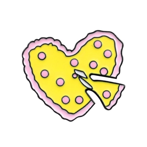 Cute heart-shaped yellow enamel brooch with pink polka dots and scalloped edges for women