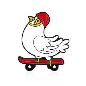 Cartoon enamel pin featuring a white goose riding a red skateboard with helmet
