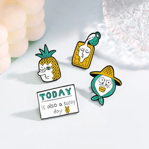 Artistic enamel pins set with cartoon pineapple, waffle, and sunny day slogan design