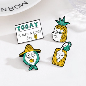 Creative set of 4 fun enamel pins featuring cartoon pineapple and modern art motifs