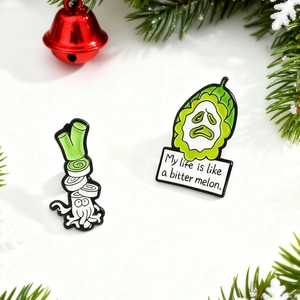 Creative enamel pins featuring cartoon bitter melon and green onion with festive decoration