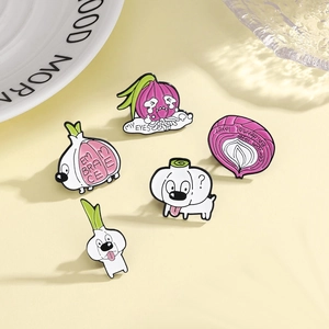 Set of funny cartoon onion and garlic enamel pins with cute expressions on yellow background