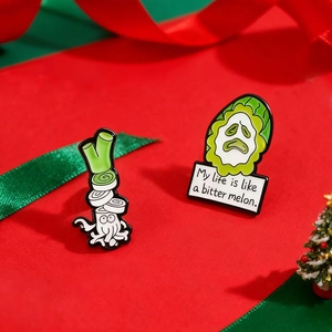 Funny green onion and bitter melon enamel pins set in a festive holiday background