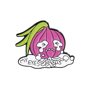 Funny cartoon red onion enamel pin with crying expression and MY EYES text detail