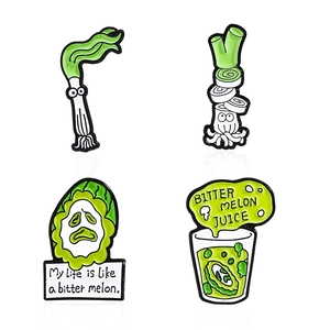 Funny green vegetable enamel pin set featuring bitter melon and onion with slogans