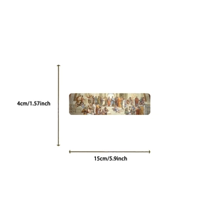 Detailed size view of paper bookmark featuring classical Renaissance oil painting motifs