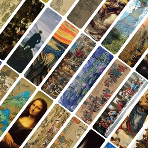 Close-up of artistic paper bookmarks featuring Van Gogh and Da Vinci classic oil paintings