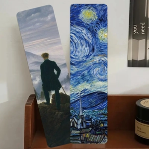 Detail of artistic paper bookmarks featuring famous paintings Van Gogh and Friedrich