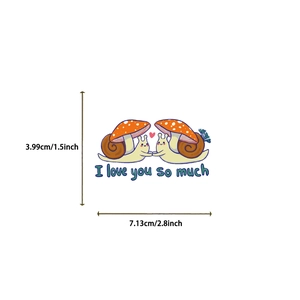 Detailed size view of cartoon snail waterproof sticker with I love you so much text