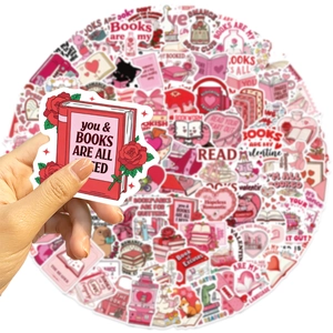 Pink bookish cartoon Valentine stickers set for laptop and scrapbooking decoration