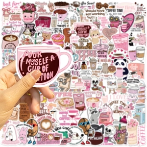Close-up of waterproof cartoon coffee doodles stickers for scrapbooking and DIY decor